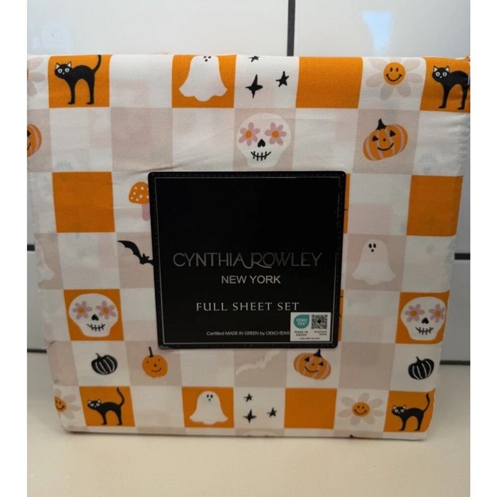 Cynthia Rowley FULL Halloween Sheets Checked Orange‎ & Pink Sheet Set NEW NWT